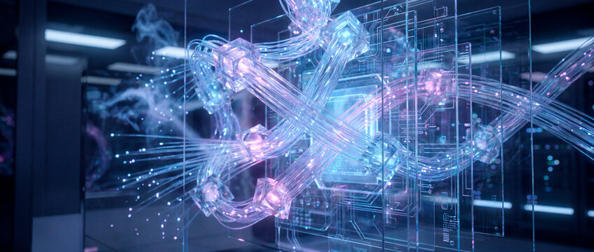 Holographic data structure glowing inside a futuristic server laboratory room