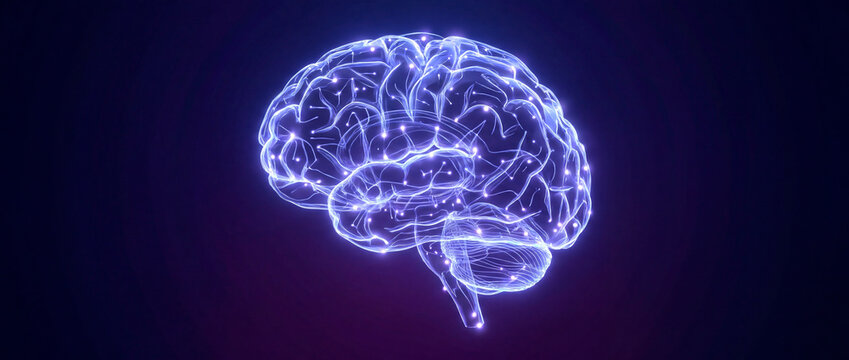 Glowing purple wireframe brain hologram visualizing artificial intelligence