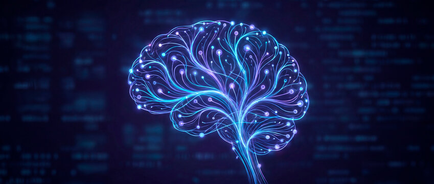 Low poly digital brain glowing above streaming code on dark technology backdrop