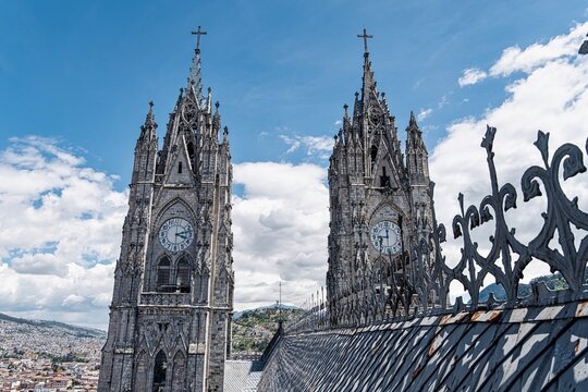 Tourists View the Twin Towers of Basilica Del Voto Nacional in Quito, Ecuador on a Sunny Day in Pichincha