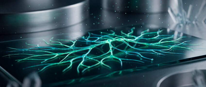 Green neural structure growing on a glass chip inside a research laboratory