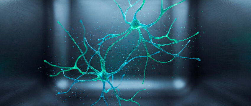 Teal neuron cells floating in a clean laboratory with shallow depth of field