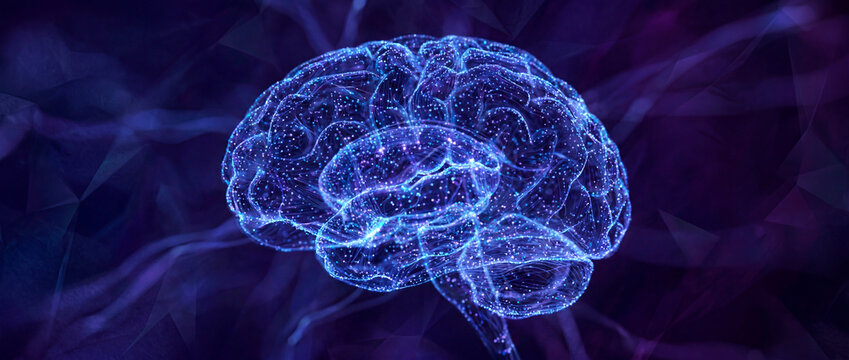 Purple low poly dotted brain illustrating artificial intelligence and cognition