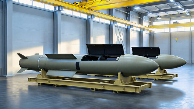 Captured olive gray missile components in bright industrial hangar. Military hardware with open access panels on yellow stands for reverse engineering and inspection