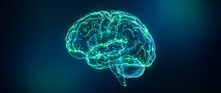Green glowing wireframe brain hologram on a dark teal technology background