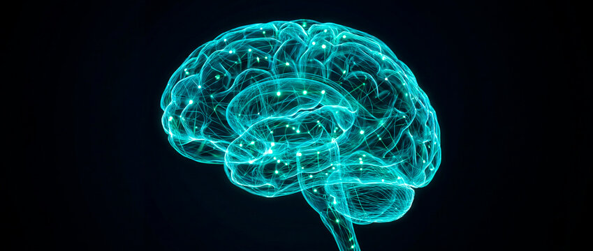 Glowing teal x-ray brain hologram floating on a deep black background space