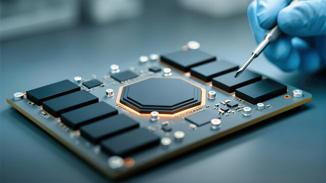 Close-up of gloved hand inspecting circuit board with precision tool. Reverse engineering of electronics with glowing octagonal microchip and black modules