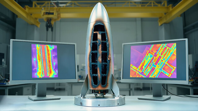 Scorched metallic rocket module undergoing defense hardware analysis. Damaged aerospace casing with thermal imaging displays in a laboratory. Reverse engineering and failure investigation concept