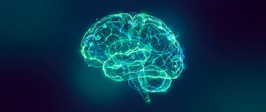 Green low poly particle brain glowing as an abstract intelligence concept