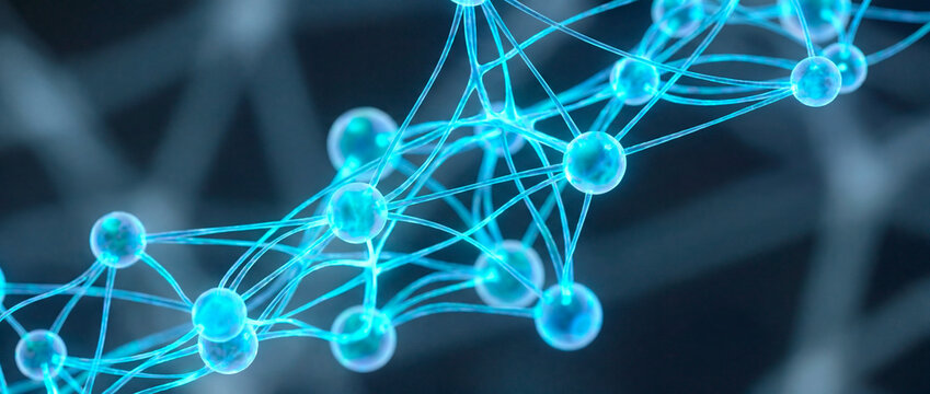 Abstract blue molecular strand with glowing spheres in a science visualization