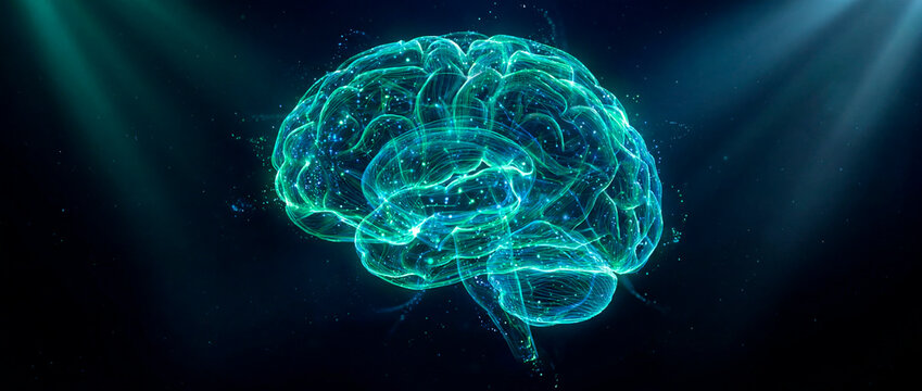 Green glowing wireframe brain with radiant light rays on dark background