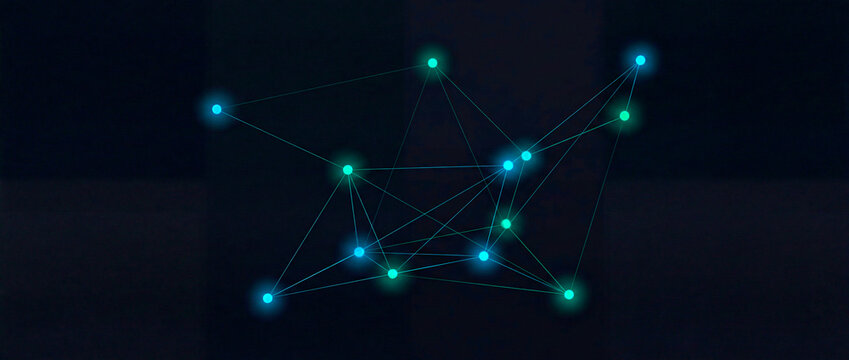 Minimal glowing node network of blue and green dots on a dark background