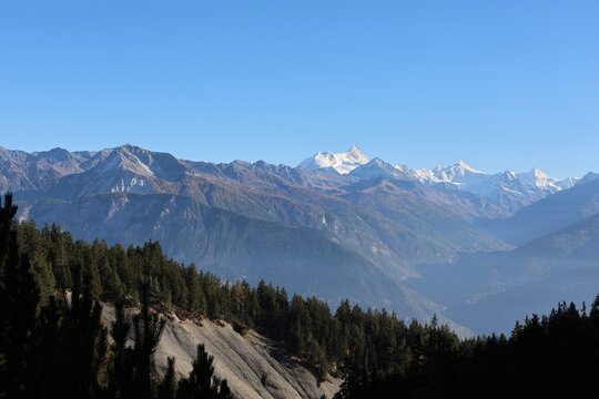 Sommets enneig&eacute;s des Alpes suisses sous un ciel bleu