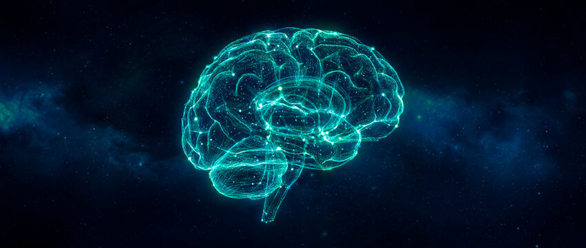 Teal low poly brain glowing against a cosmic starry deep space background