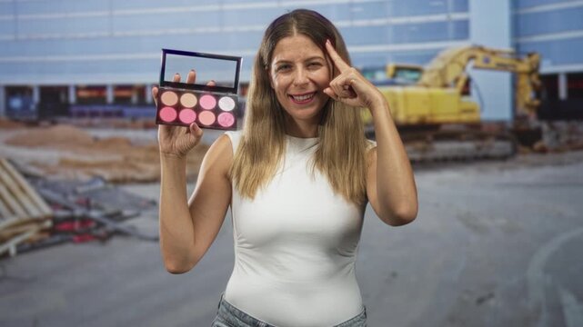 Woman holding a pink makeup palette and pointing finger to temple while smiling in front of a building construction site; confidence beauty tutorial.