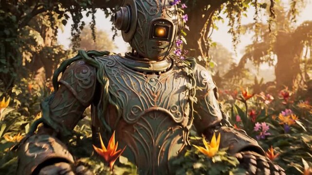 Ancient mossy robot in vibrant mystical jungle forest