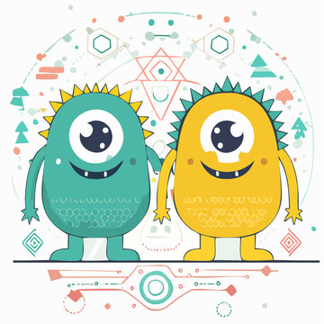 Two Cute Cartoon Monsters Holding Hands