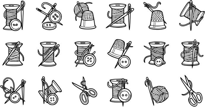 Black and White Line Art Icons: Sewing  Crafting Kit with Thread, Needles, Buttons, Thimbles, and Scissors
