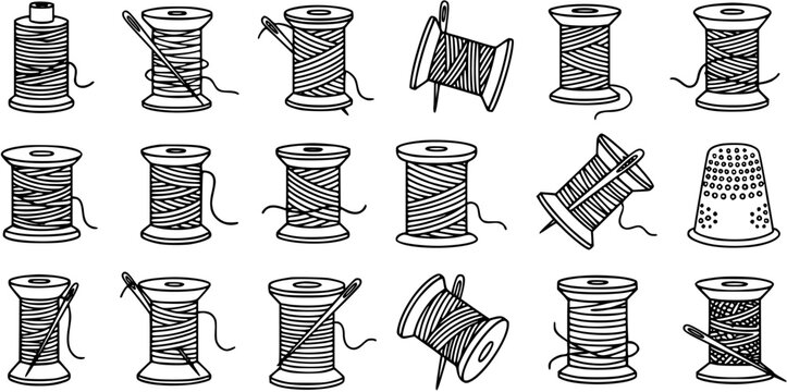 Black and White Line Art Illustration of Sewing Spools of Thread and Needles for Crafting