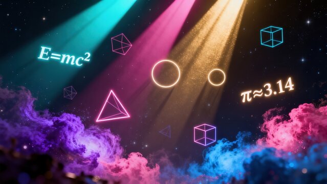 Cosmic space with math equations and geometric shapes