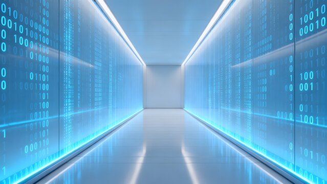 Long corridor with digital binary code displays