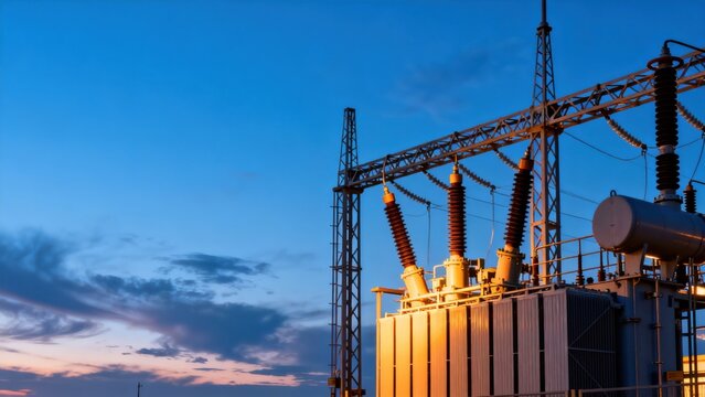 Electricity substation under blue sky