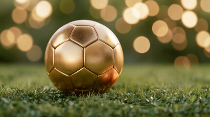 Naklejka premium Golden Soccer Ball on Green Grass Field with Warm Bokeh Background