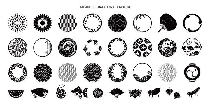 日本の夏のシンボルとアイコンとフレームセット