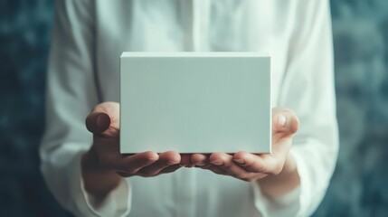 Naklejka premium Pharmacist holding a blank medication box, symbolizing healthcare it solutions and product templates.