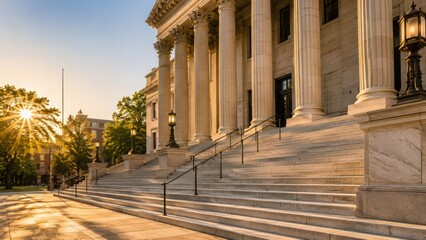 Fototapeta premium Grand Neoclassical Courthouse Entrance at Sunrise Featuring Monumental Columns, Marble Staircase, Civic Architecture, Government Institution and Justice System Concepts