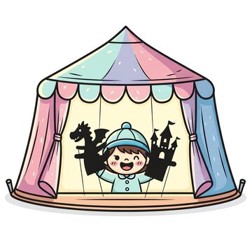 Child Playing Shadow Puppets in a Colorful Tent.