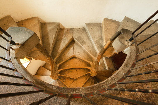 Double spiral stone staircase created in 1499, with unique design of the stairs twisting around each other in Graz, Austria