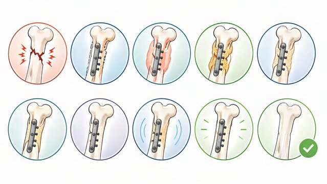 Orthopedic Bone Fracture Fixation Progression Diagram Featuring Surgical Repair Methods, Internal Fixation Hardware, Fracture Healing Stages, Medical Illustration and Orthopedic Treatment Concepts


