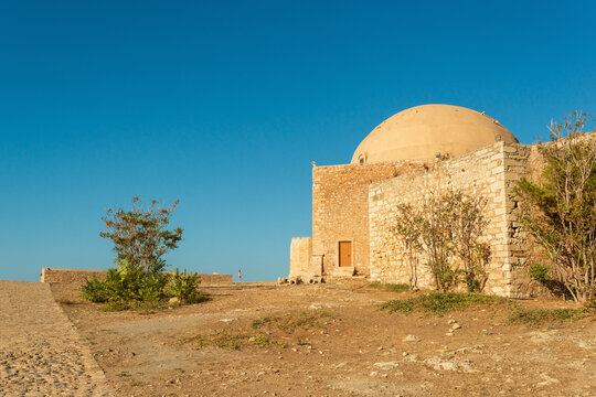Medieval Ibrahim Han Mosque inside the historic Venetian Fortezza of Rethymno on the island of Crete, Greece