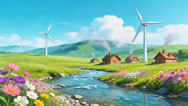 Windmills and cabins by a stream