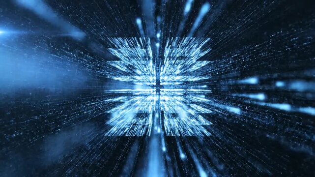 Data stream visualization flows through a dark digital void to represent the infinite speed and complexity of modern information networks and global connectivity systems.