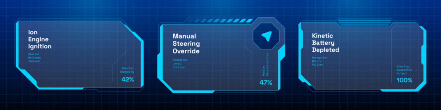 Cyberpunk HUD game interface frame template. Neon blue futuristic digital screen border panel design vector. Sci fi computer dashboard target callout graphic.