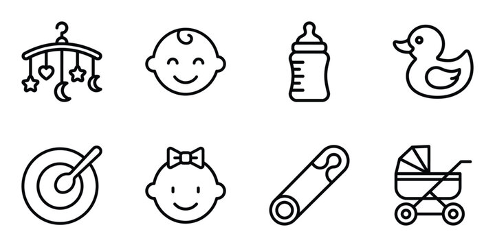 Set of baby and childcare icons in line art style for infancy and parenting concepts with childcare