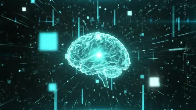 Glowing digital brain with futuristic neural network and data visualization elements.