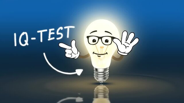 Cartoon light bulb with glasses and gesture.
