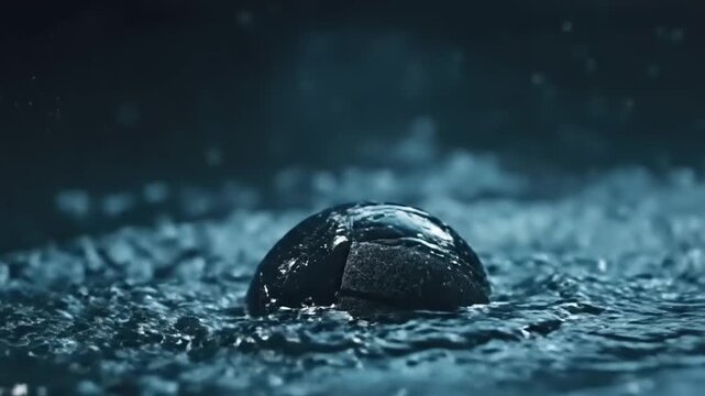 A dark stone partially submerged in water with ripples and droplets around it.