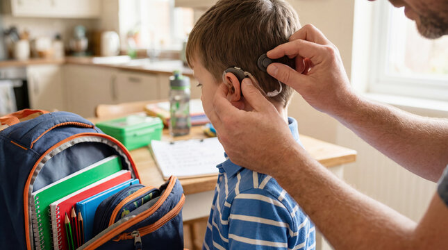 Caring father adjusting his son's cochlear implant while getting ready for the first day of school during the morning routine, with backpack and school supplies prepared for the first day of classes