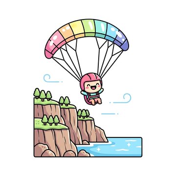 Cute Cartoon Character Paragliding Over Coastal Cliffs.