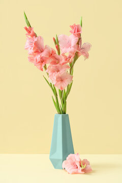Vase with bouquet of beautiful gladiolus flowers on beige background