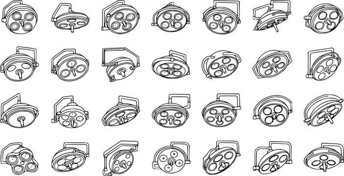 Medical Surgical Lights Vector Black and White Line Art Icon Set. Detailed Healthcare and Operating Room Illumination Equipment Illustrations.