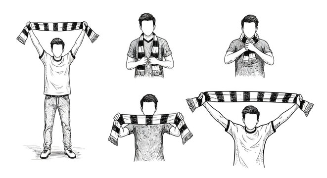 Enthusiastic sports fan cheering with a striped scarf in various poses