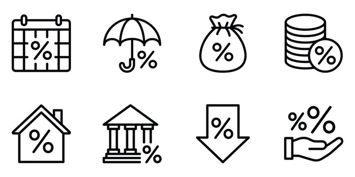 Financial percentage and banking outline icons with percentage interest investment calendar