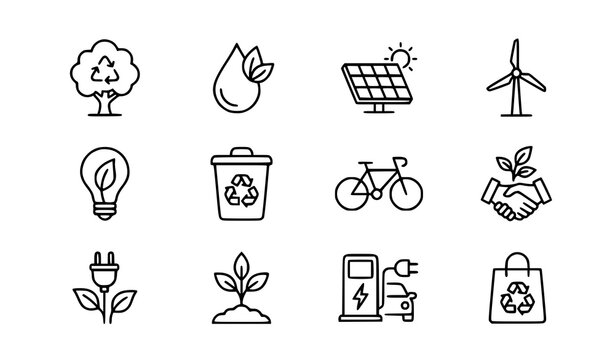 Sustainability and environmental vector icon set with recycling tree and solar energy