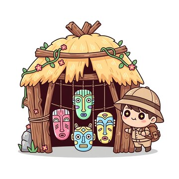 Cute Cartoon Explorer and Tribal Hut with Masks.