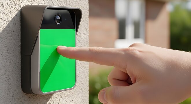 Close-up of a finger pressing a green doorbell button on a wall.